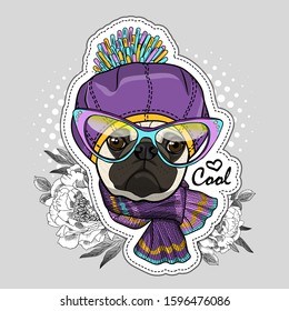Vector dog with hat, glasses and flowers. Illustration of dressed pug. Vector illustration. Fashion cool dog. Print on T-shirts, bags and other fashion products. 