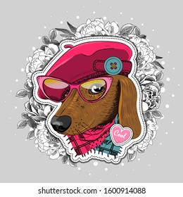 Vector dog with hat, glasses and  scarf. Hand drawn illustration of dressed dachshund. Print on T-shirts, bags and other fashion products. Design children's clothing and accessories. 