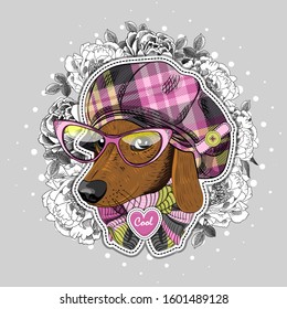 Vector dog with hat, glasses and  scarf. Hand drawn illustration of dressed dachshund. Print on T-shirts, bags and other fashion products. Design children's clothing and accessories. 