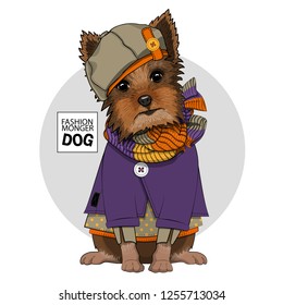 Vector dog with hat, knitted scarf and violet dress. Hand drawn illustration of dressed terrier.