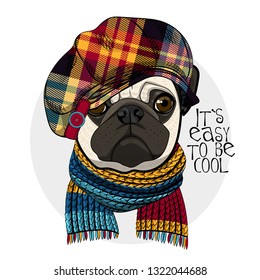 Vector dog with hat and knitted scarf. Hand drawn illustration of dressed pug. Vector illustration.