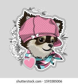 Vector dog with hat, scarf  and flowers. Illustration of dressed chihuahua. Print on T-shirts, bags and other fashion products. Design children's clothing and accessories. 