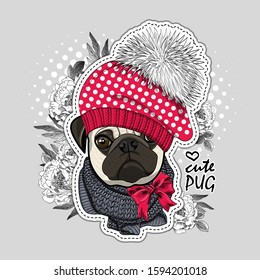 Vector dog with hat, scarf and flowers. Illustration of dressed pug. Vector illustration. Fashion cool dog. Print on T-shirts, bags and other fashion products. 