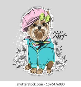 Vector dog with hat, scarf  and flowers. Illustration of dressed terrier. Print on T-shirts, bags and other fashion products. Design children's clothing and accessories. 
