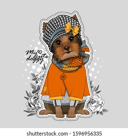 Vector dog with hat, scarf  and flowers. Illustration of dressed terrier. Print on T-shirts, bags and other fashion products. Design children's clothing and accessories. 