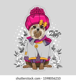 Vector dog with hat, scarf  and flowers. Illustration of dressed terrier. Print on T-shirts, bags and other fashion products. Design children's clothing and accessories. 