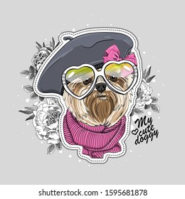 Vector dog with hat, scarf, glasses  and flowers. Illustration of dressed terrier. Print on T-shirts, bags and other fashion products. Design children's clothing and accessories. 