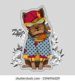 Vector dog with hat, scarf, glasses  and flowers. Illustration of dressed terrier. Print on T-shirts, bags and other fashion products. Design children's clothing and accessories. 