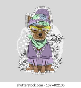 Vector dog with hat, scarf, glasses  and flowers. Illustration of dressed terrier. Print on T-shirts, bags and other fashion products. Design children's clothing and accessories. 