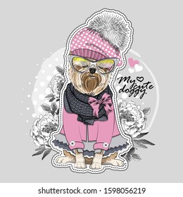 Vector dog with hat, scarf, glasses  and flowers. Illustration of dressed terrier. Print on T-shirts, bags and other fashion products. Design children's clothing and accessories. 