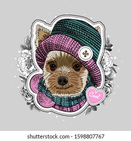 Vector dog with hat, scarf, glasses  and flowers. Illustration of dressed terrier. Print on T-shirts, bags and other fashion products. Design children's clothing and accessories. 