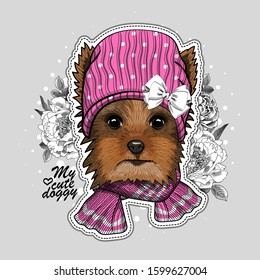 Vector dog with hat, scarf, glasses  and flowers. Illustration of dressed terrier. Print on T-shirts, bags and other fashion products. Design children's clothing and accessories. 