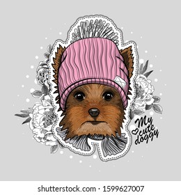 Vector dog with hat, scarf, glasses  and flowers. Illustration of dressed terrier. Print on T-shirts, bags and other fashion products. Design children's clothing and accessories. 