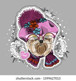 Vector dog with hat, scarf, glasses  and flowers. Illustration of dressed terrier. Print on T-shirts, bags and other fashion products. Design children's clothing and accessories. 