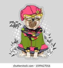 Vector dog with hat, scarf, glasses  and flowers. Illustration of dressed terrier. Print on T-shirts, bags and other fashion products. Design children's clothing and accessories. 