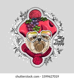 Vector dog with hat, scarf, glasses  and flowers. Illustration of dressed terrier. Print on T-shirts, bags and other fashion products. Design children's clothing and accessories. 