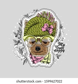 Vector dog with hat, scarf, glasses  and flowers. Illustration of dressed terrier. Print on T-shirts, bags and other fashion products. Design children's clothing and accessories. 