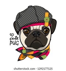 Vector dog with hat and scarf. Hand drawn illustration of dressed pug.