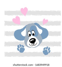 vector dog head gray blue cute baby puppy paw pet with pink hearts background card  illustration for textile childish posters