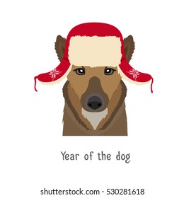 Vector dog head in winter new year, christmas ear-flapped hat. Animal of Chinese zodiac,horoscope  symbol.  flat cartoon illustration isolated. Poster, banner, print advertisement, web design element