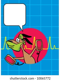 vector of dog holding heart (defibrillator) paddles with EKG in background - space for your message