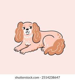 vector dog illustration. Cavalier king charles spaniel cute hand drawn style isolated on light pink background. Funny spaniel dog print design