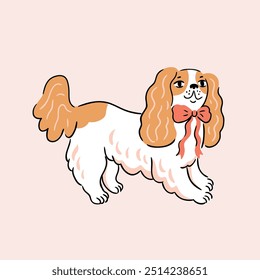 vector dog illustration. Cavalier king charles spaniel cute hand drawn style isolated on light pink background. Funny spaniel dog print design