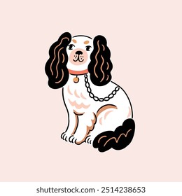 vector dog illustration. Cavalier king charles spaniel cute hand drawn style isolated on light pink background. Funny spaniel dog print design