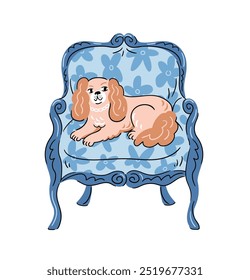 Vektorgrafik des Hundes. Cavalier king charles spaniel niedlich handgezeichnet Stil einzeln auf weißem Hintergrund. Lustiger Spaniel-Hund auf Vintage-Sessel.