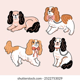 vector dog illustration. Cavalier king charles spaniel cute hand drawn style isolated on light pink background. Funny spaniel dog print design. Spaniel collection