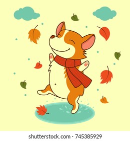 Vector dog jumping on the autumn puddles. Welsh corgi dog. For Xmas, New Year poster, calendar