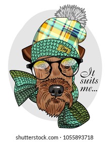 Vector dog with knitted hat and green scarf. Hand drawn illustration of dressed dog.