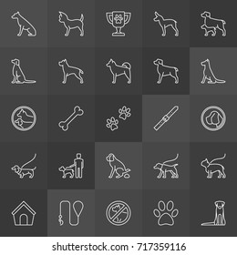 Vector dog line icons collection. Cute pets and dogs minimal outline signs on dark background