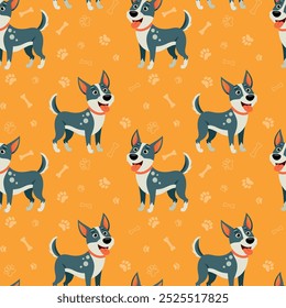 Vector dog pattern with cute dogs, bones and paws. Cute dog breeds in different poses isolated on yellow background. Happy dogs seamless pattern, pet print perfect for kids textile.