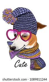 Vector dog with pink glasses, knitted hat and scarf. Hand drawn illustration of dressed dog.