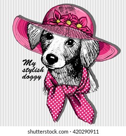 Vector dog in a pink hat. Spaniel in a neckerchief.
,