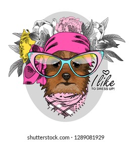 Vector dog with pink headscarf, wreath, flowers, glasses and scarf. Hand drawn illustration of dressed dog.