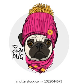 Perro vectorial con sombrero de punto rosa y bufanda. Dibujo manual de pug vestido. Ilustración vectorial.