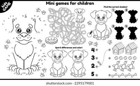 Colocación de perros vectores para niños. Juego de juegos de esquemáticas para niños con caricatura adorable. Juega y colorea. Funda de actividad imprimible con laberinto, conectar los puntos y el color, encontrar diferencias y otras.