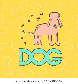 Vector dog poodle funny caricature animal cartoon character. Contour flat bright pet isolated colorful sketch illustration. Seamless background with bones, inscription and heart.