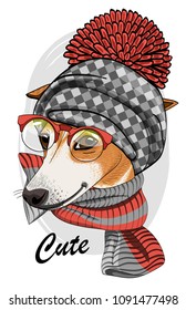 Vector dog with red glasses, knitted hat and knitted scarf. Hand drawn illustration of dressed dog.