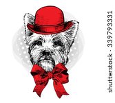 Vector dog in a red hat and red bow. Terrier on grey background.