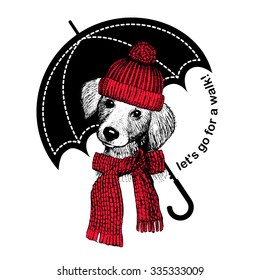 Vector dog in a red hat and scarf. Black umbrella.