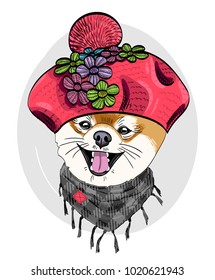 Vector dog with red knitted beret and scarf. Hand drawn illustration of dressed dog.