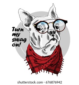 Vector dog with red neckerchief and black glasses. Hand drawn illustration of dressed dog