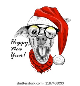 Vector dog - santa claus in a red cap  and red scarf. Hand drawn illustration of dressed doggy. Happy New Year. 3