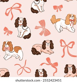 Vector perro sin patrón. Cavalier rey charles spaniel con arcos estilo preppy dibujado a mano aislado en fondo rosa claro. Coquette spaniel perro diseño de impresión sin fisuras. Colección de Spaniel