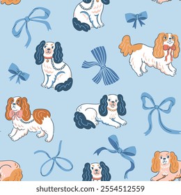 vector dog seamless pattern. Cavalier king charles spaniel with bows preppy hand drawn style isolated on light blue background. Coquette spaniel dog seamless print design. Spaniel collection