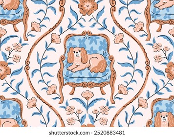 Vector dog seamless pattern in modern classical style. Cavalier king charles spaniel and flowers in chinoiserie style. Elegant spaniel dog on vintage arm chair. Damask seamless pattern.