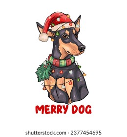 Mierda de perro vector en ropa de invierno. Vector perro Doberman. Un perro con sombrero. Imprimir, logotipo, icono aislado 